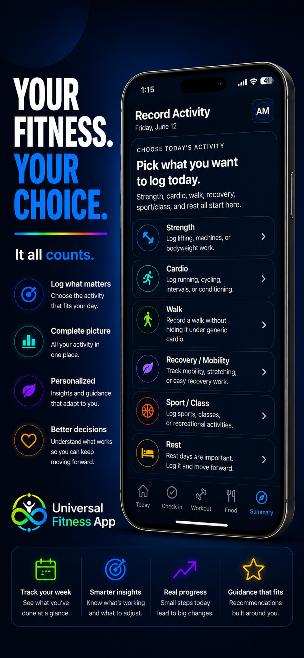 Activity log screen showing strength, cardio, walk, recovery, sport, and rest options