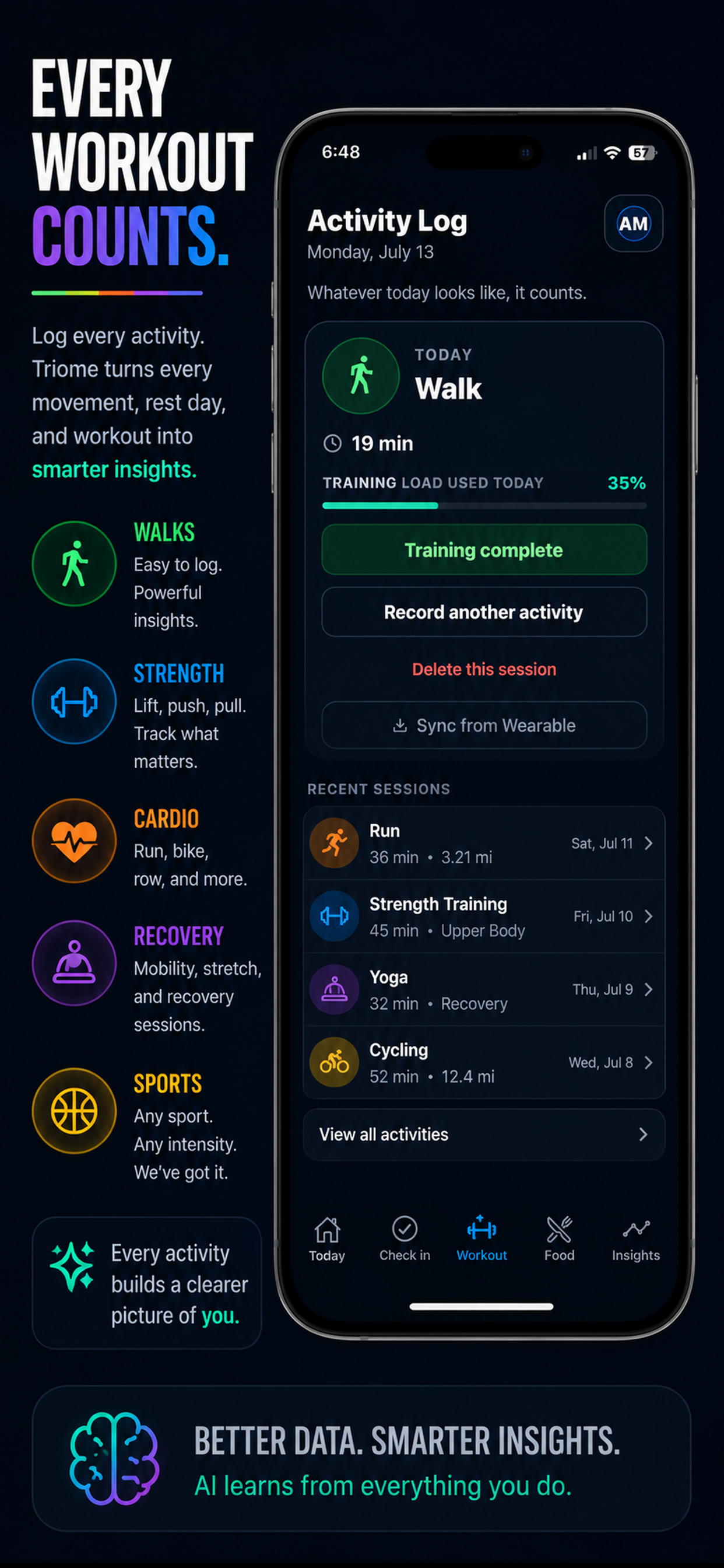 Activity log with training types and wearable sync