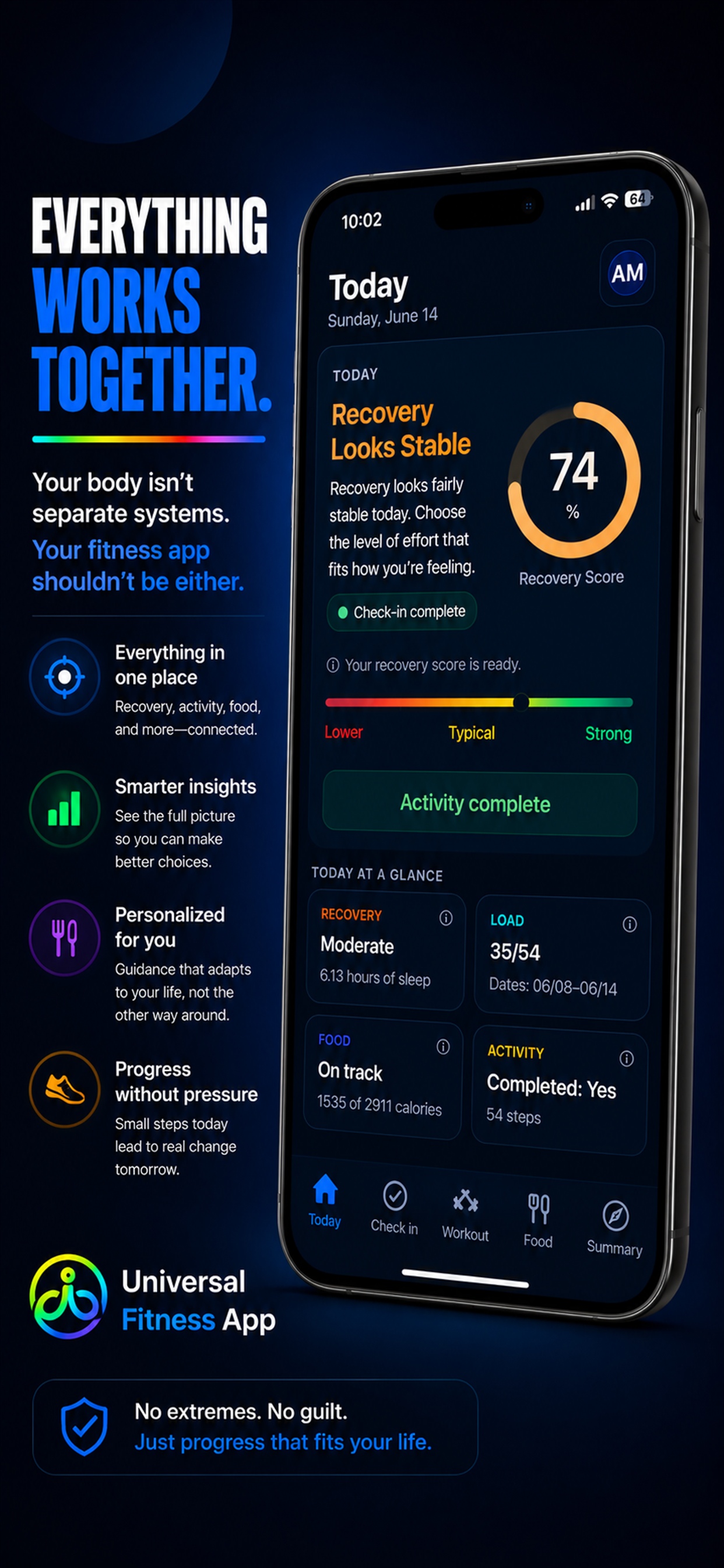 Today screen with all four tiles — recovery, load, food, and activity — in one view