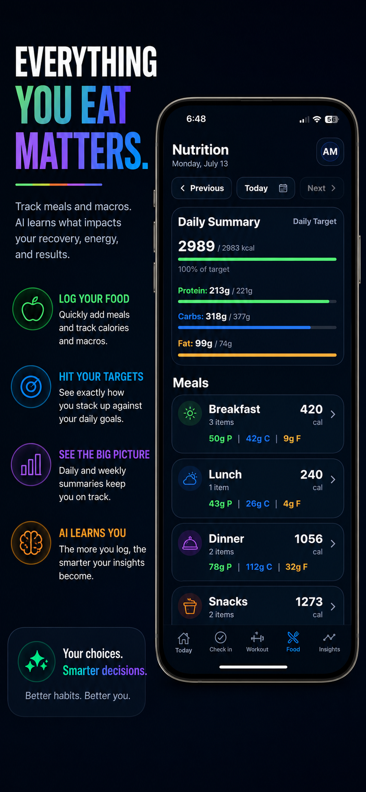 Nutrition screen showing daily macro totals and meal breakdown