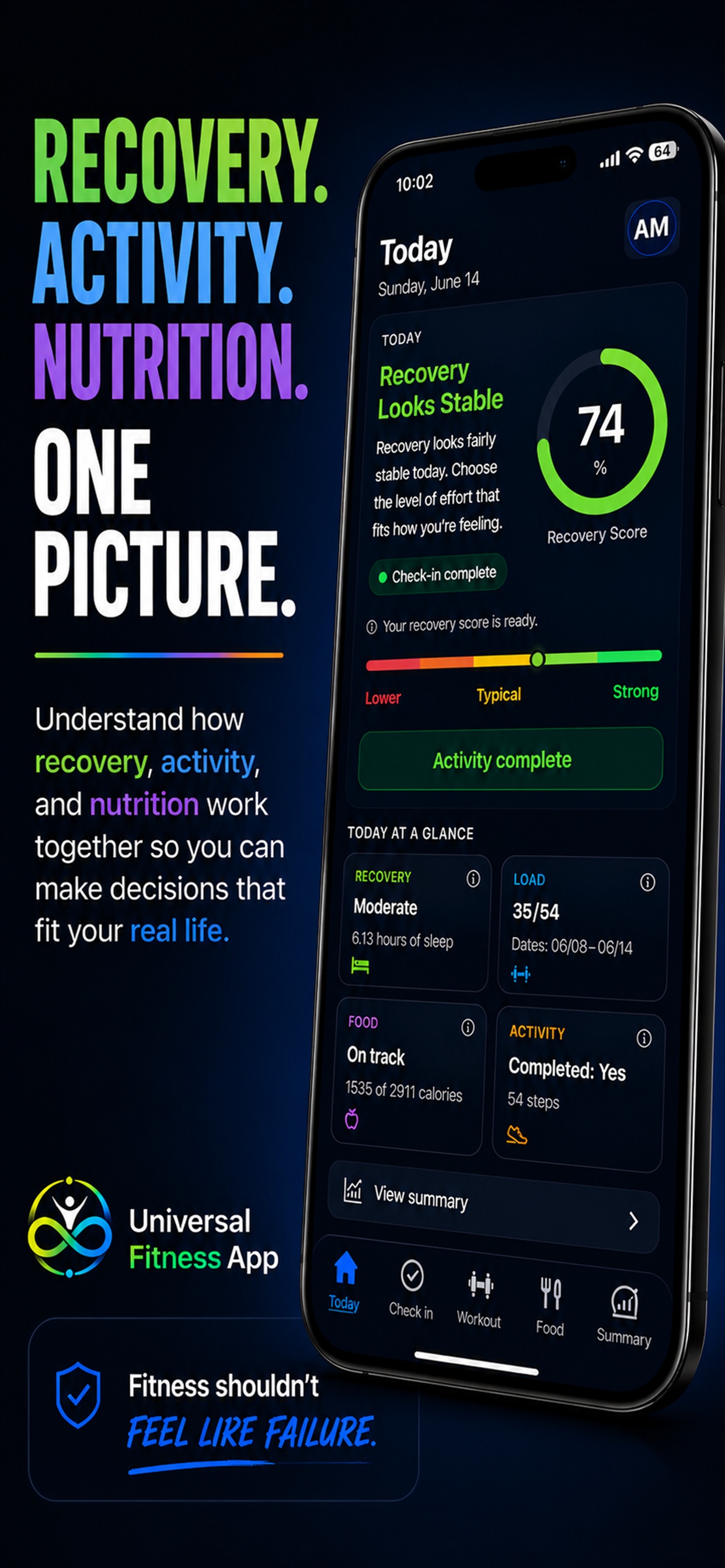 Today screen showing Recovery Score of 74% and recovery, food, load, and activity at a glance
